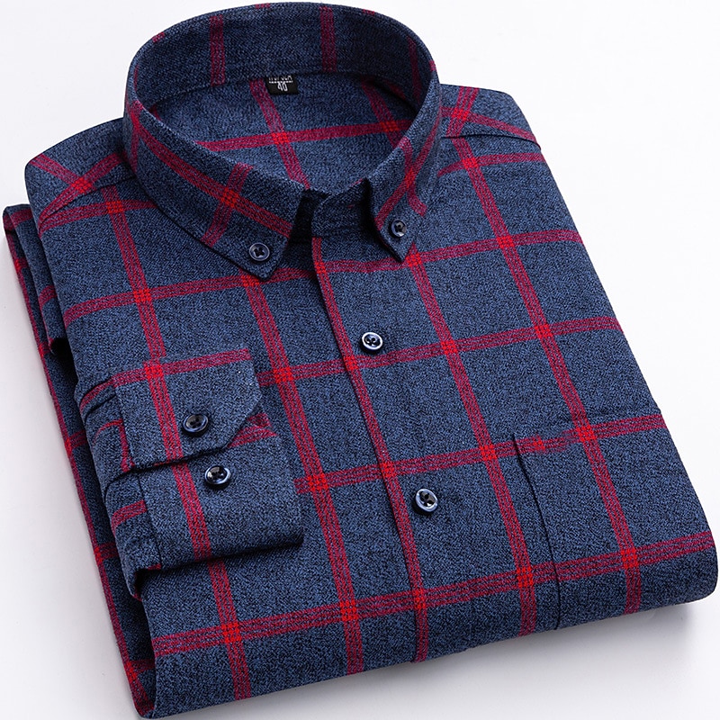 Men's Dress Shirt Button Down Shirt Plaid / Striped / Chevron / Round Wedding Office & Career Red Dark Navy Royal Blue Blue Long Sleeve Shirt Collar All Seasons Clothing Apparel Cross2