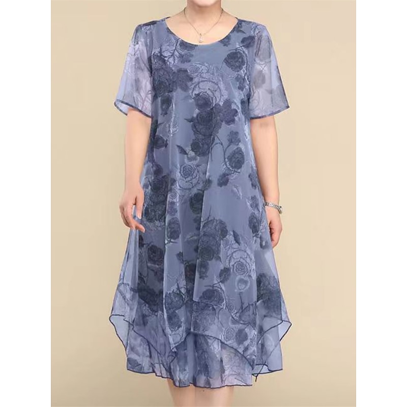 Women's Plus Size Party Dress Cocktail Dress Wedding Guest Dress Chiffon Mesh Layered Crew Neck Short Sleeve Floral Midi Dress Wedding Guest Cocktail Party Wine Blue Summer Spring3