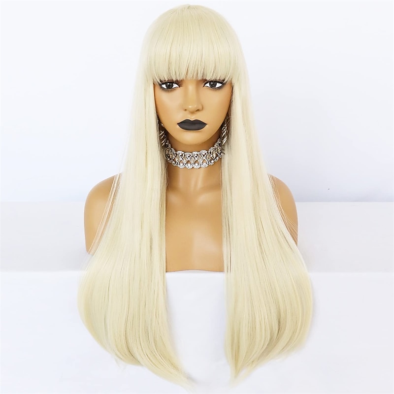 Long Blonde Wig With Bangs Long Straight Wig For Woman Girl Cosplay Heat Resistant Hair Replacement Wig Synthetic Wigs For Daily Use Carnival Party Anime Costume2