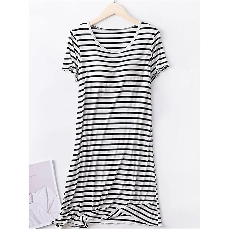 Women's Pajamas Nightgown Nightshirt Dress Stripe Casual Comfort Soft Home Daily Bed Breathable Crew Neck Short Sleeve Summer Spring Home Outfits