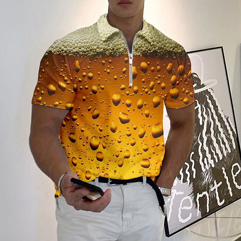 Oktoberfest Men's Polo Shirt Lapel Polo Zip Polo Golf Shirt Graphic Prints Beer Turndown Blue-Green Yellow Wine Blue Green Outdoor Street Short Sleeves Zipper Print Clothing Apparel Fashion Designer