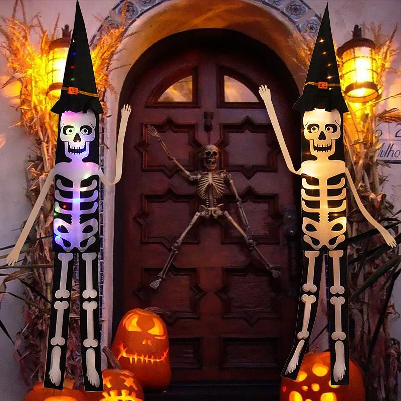 LED Light Halloween Skeleton Ghost Hanging Ornament Horror Glowing Skull Witch Hat Lamp Halloween Party Home Outdoor Decorations3