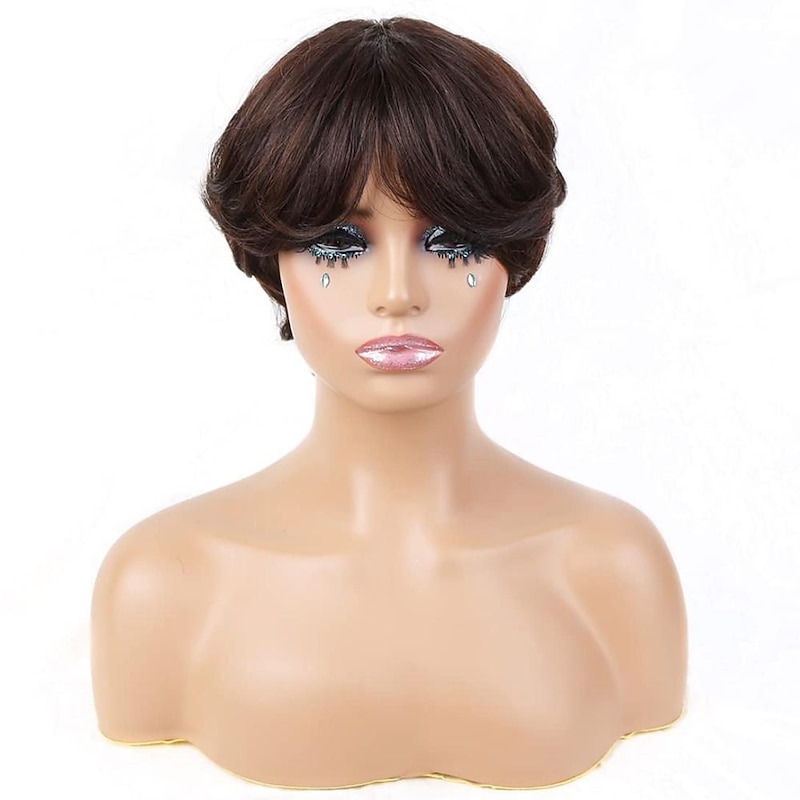 Brown Bob Wig Human Hair Short Pixie Cut Wig with Bangs Layered Human Hair Wigs for Black Women #4 Chocolate Colored Straight None Lace Front Wigs 150% Density  Pre Plucked Natural Hairline2