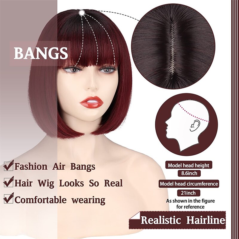 Short Wine Red Bob Wig with Bangs Straight Burgundy Wig Bob for Women Short Straight Wig Natural Looking for Daily and Party Halloween Wigs3