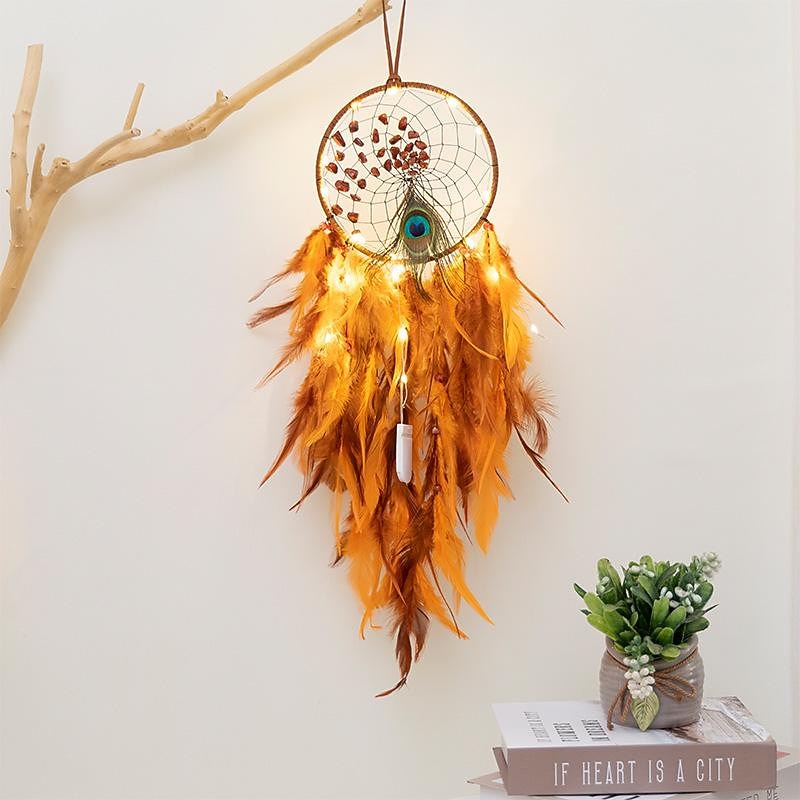 Orange Dream Catcher Handmade Gift with Feather Wall Hanging Decor Art Wind Chimes Boho Style Home Pendant 16x50cm / 6.3''x19.69''