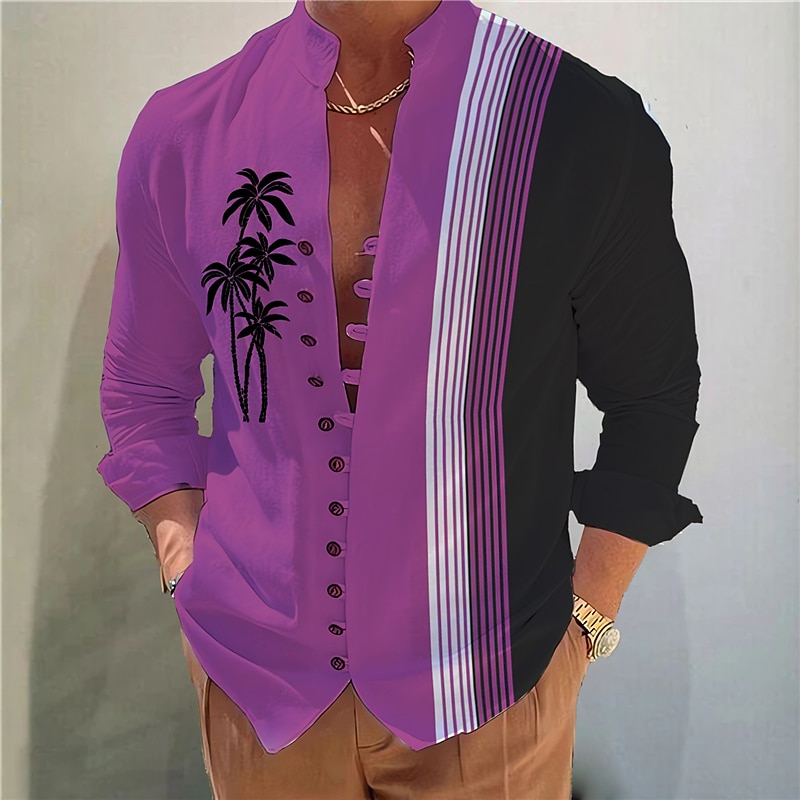 Men's Coconut Tree Striped Tropical Plants Shirt Summer Hawaiian Shirt Aloha Shirt Long Sleeve Shirt Stand Collar Fashion Streetwear Designer Outdoor Street Casual Light Green Light Brown Blue S M L4