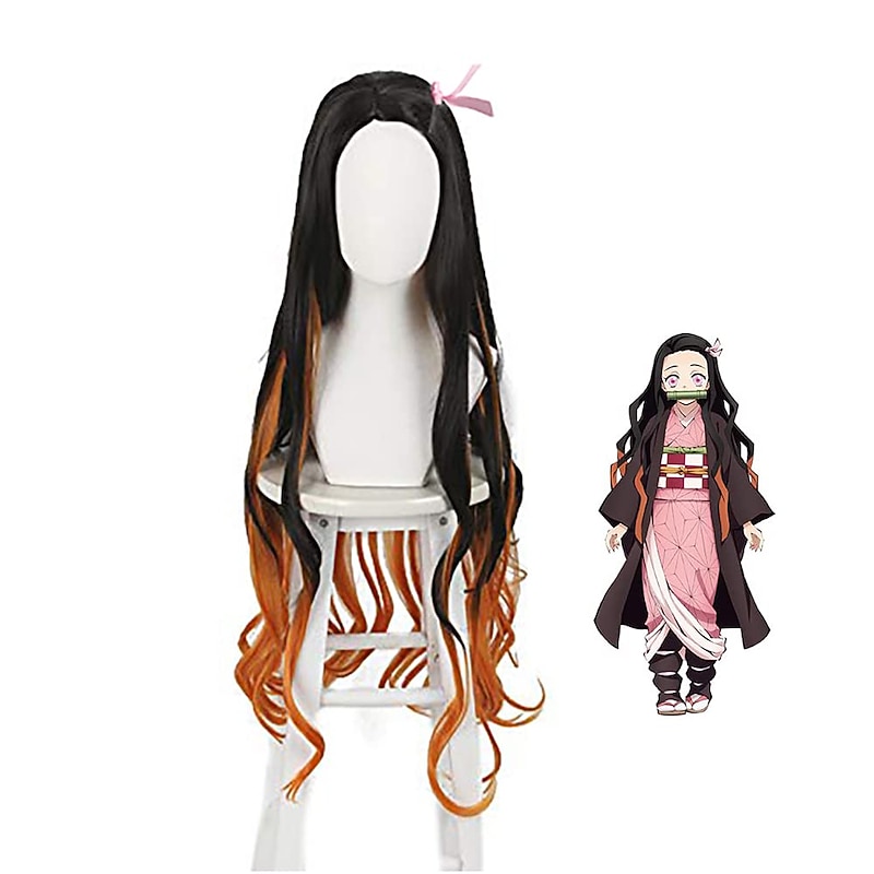 Women's Nezuko Cosplay Wig Long Black Gradient Orange Wave Hair Halloween Wigs2