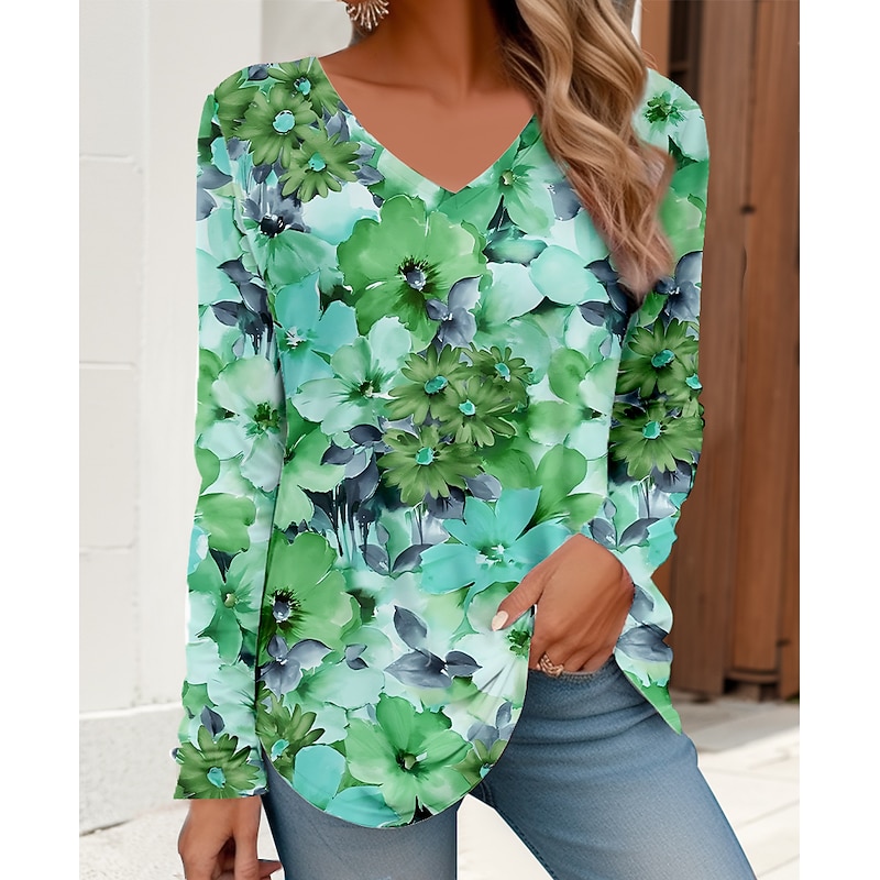 Women's T Shirt V Neck Long Sleeve Tunic Floral Basic Neon & Bright Regular Tops Daily Weekend Print Red Blue Purple Green4