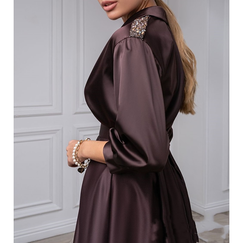 A-Line Mother of the Bride Cocktail Dresses Elegant Dress Tuxedo Dress Wedding Guest Evening Party Tea Length 3/4 Length Sleeve Shirt Collar Satin with Pleats Dresses3