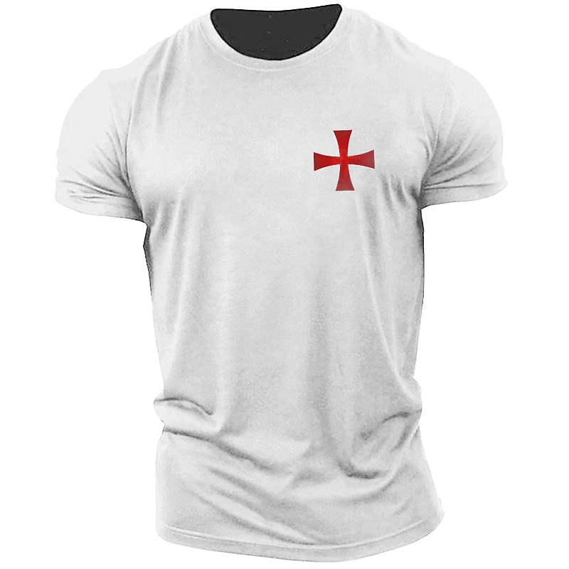 Men's White Short Sleeve T-Shirt with Templar Cross Graphic, Crusader Style3