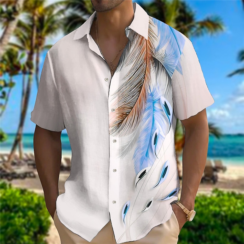 Men's Shirt Linen Shirt Summer Hawaiian Shirt Ethnic Shirt Feather Outdoor Vacation Yellow Blue Short Sleeves Turndown Summer Spring Clothing Apparel Print2