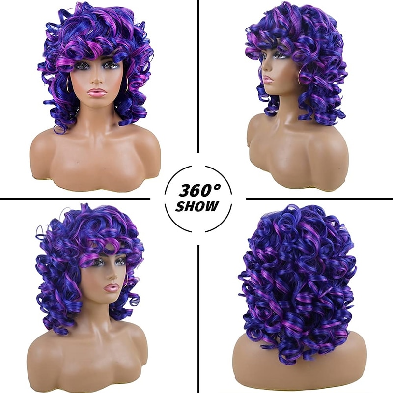 Short Curly Wigs for Black Women Soft Mixed Blue to Purple Big Curly Wig with Bangs Cute Loose Curly Cosplay Party Daily Synthetic Wig for African American Women4