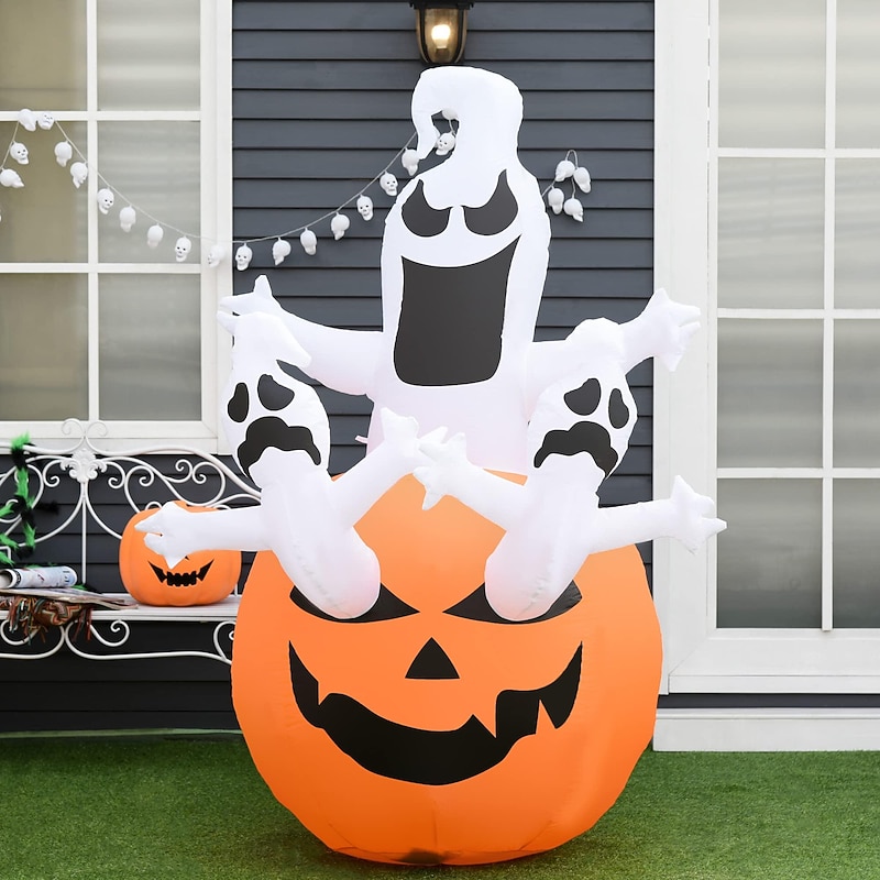 Halloween Decorations 6' Inflatable Jack O Lantern Pumpkin and Ghosts, Blow Up Outdoor LED Yard Display, Waterproof3