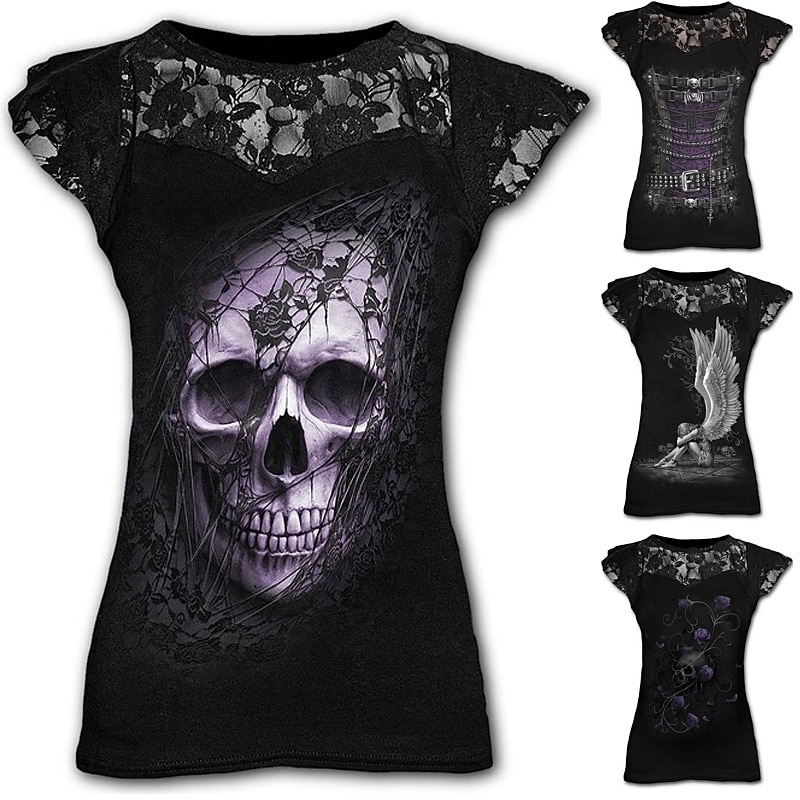 Retro Vintage Punk & Gothic T-shirt Halloween Costumes Skeleton Skull Lace Fancy Dress Women's Masquerade Party / Evening Adults' T-shirt