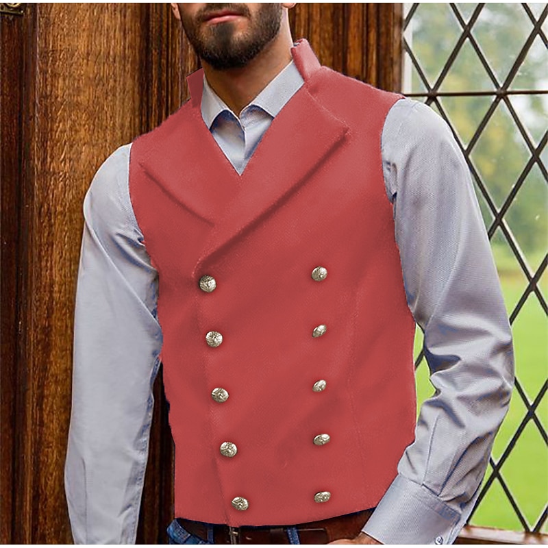 Men's Vest Waistcoat Vacation Daily Wear Going out Vintage Fashion Spring &  Fall Buttons Polyester Comfortable Plain Double Breasted V Neck Regular Fit Black Pink Dark Navy Brown Vest2