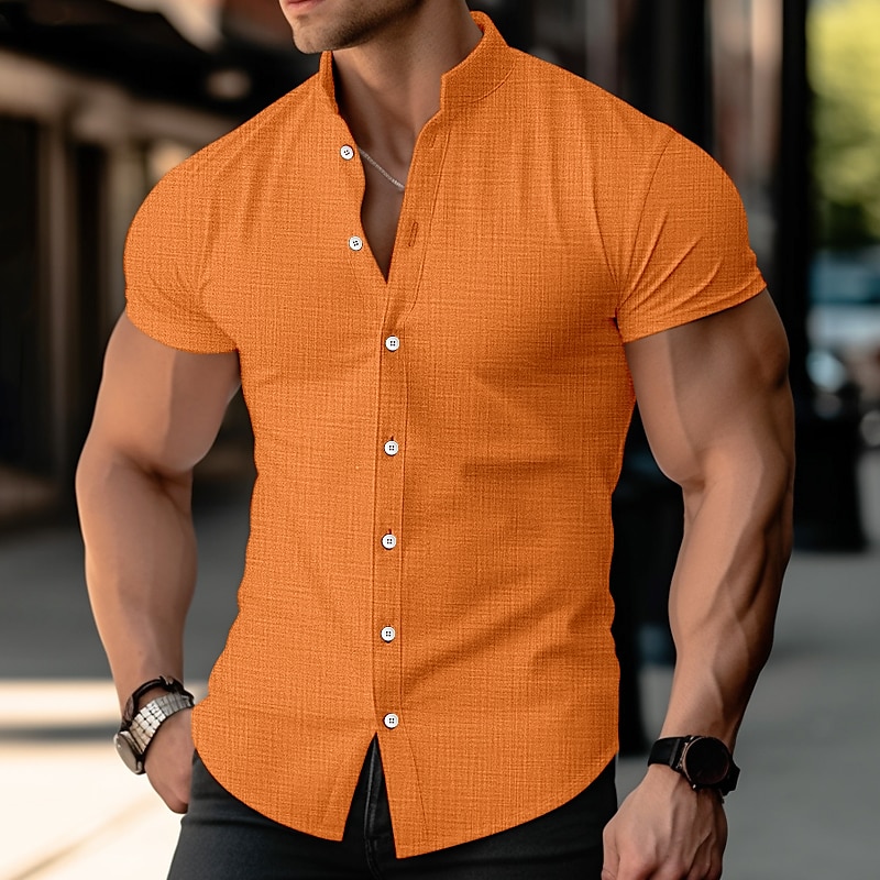 Men's Shirt Linen Shirt Summer Shirt Beach Wear Band Collar Shirt Button Up Shirt Plain Vacation Casual Black White Blue Orange Short Sleeve Band Collar Summer Clothing Apparel