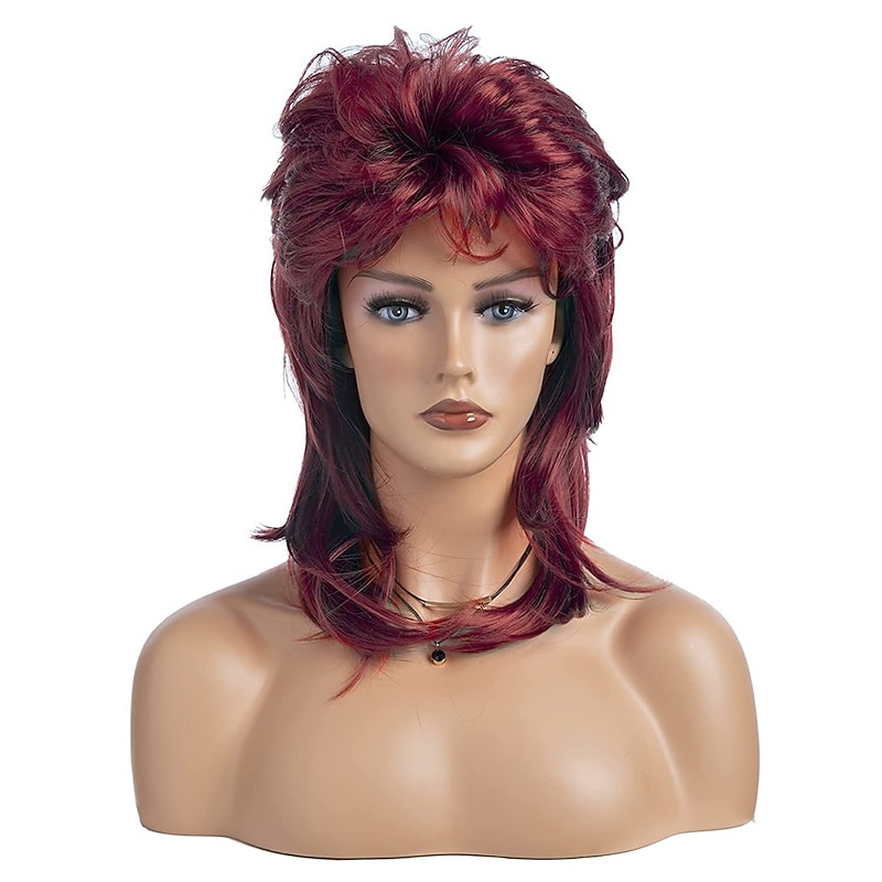 Mullet Wigs for Women Wine Red Long Layered 70s 80s Rocker Hair Wig Synthetic Carnival Cosplay Wig Halloween Wigs