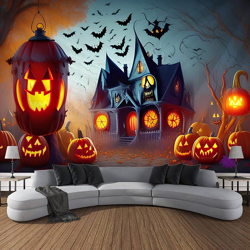 Halloween Tapestry Wall Art Large Tapestry Mural Decoration Photo Background Blanket Curtains Family Bedroom Living Room Decoration Horror Pumpkin Monster Witch Haunted House Halloween Decorations3