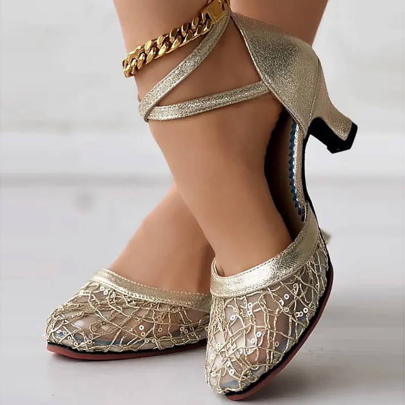 Women's Gold Silver Lace Ballroom Dance Shoes with Ankle Strap and Mid Heel for Latin and Salsa Dancing3