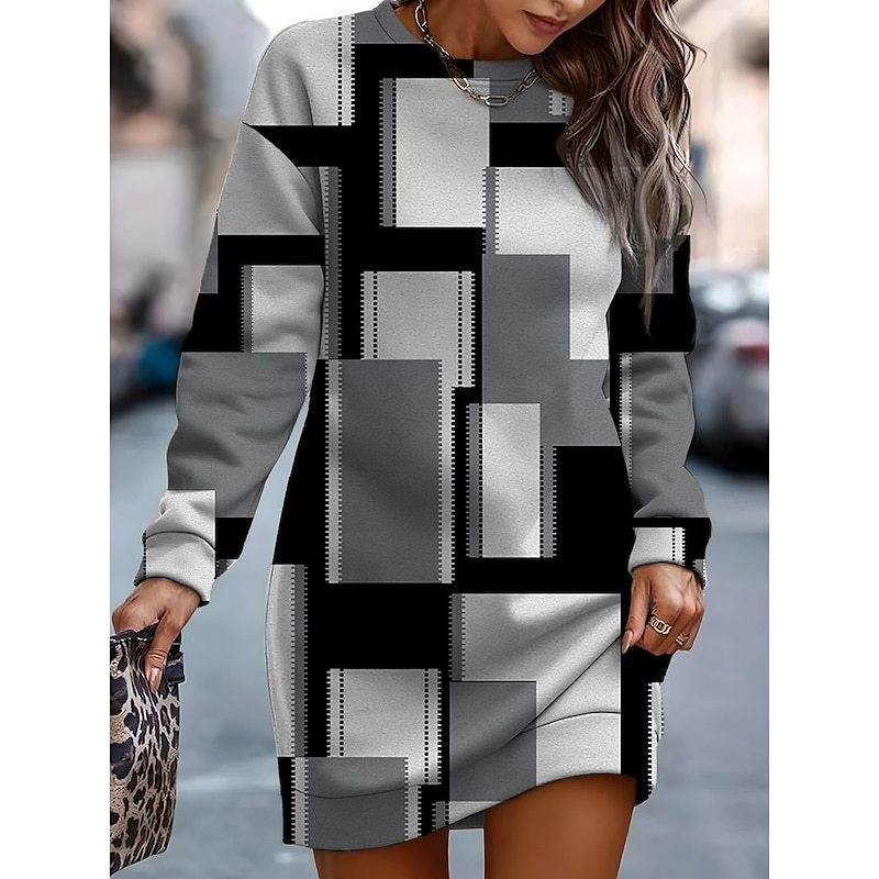 Women's Mini Dress Sweatshirt Dress Casual Dress Print Dress Warm Fashion Daily Outdoor Vacation Holiday Loose Fit Geometric Long Sleeve Crew Neck Black Pink Burgundy Green Fall Winter2