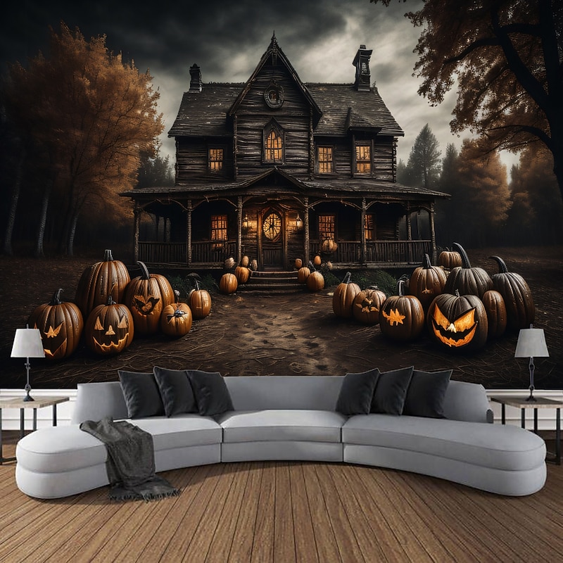 Halloween Decorations Wall Art Large Tapestry Mural Photo Background Blanket Curtains Bedroom Living Room Decoration Horror Pumpkin Monster Graveyard Haunted House4