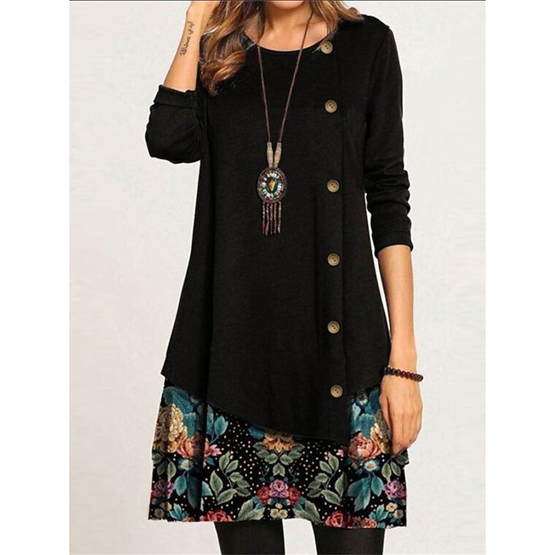 Women's Floral Button Print Crew Neck Mini Dress Daily Vacation Long Sleeve Spring Fall3