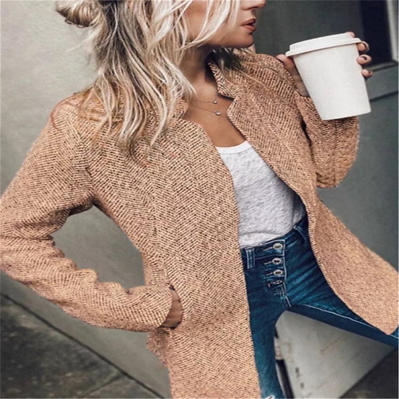 Women's Blazer Formal Pocket Plaid Windproof Streetwear Regular Fit Outerwear Long Sleeve Fall Black S4