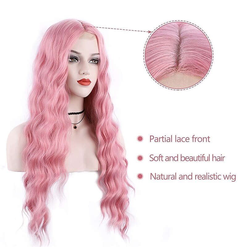 Pink Wig 28 Inches Long Pink Wavy Wigs For Women Synthetic Hair Replacement Wigs Light Pink Wig Halloween Cosplay Daily Party Heat-Resistant Fiber Wig3