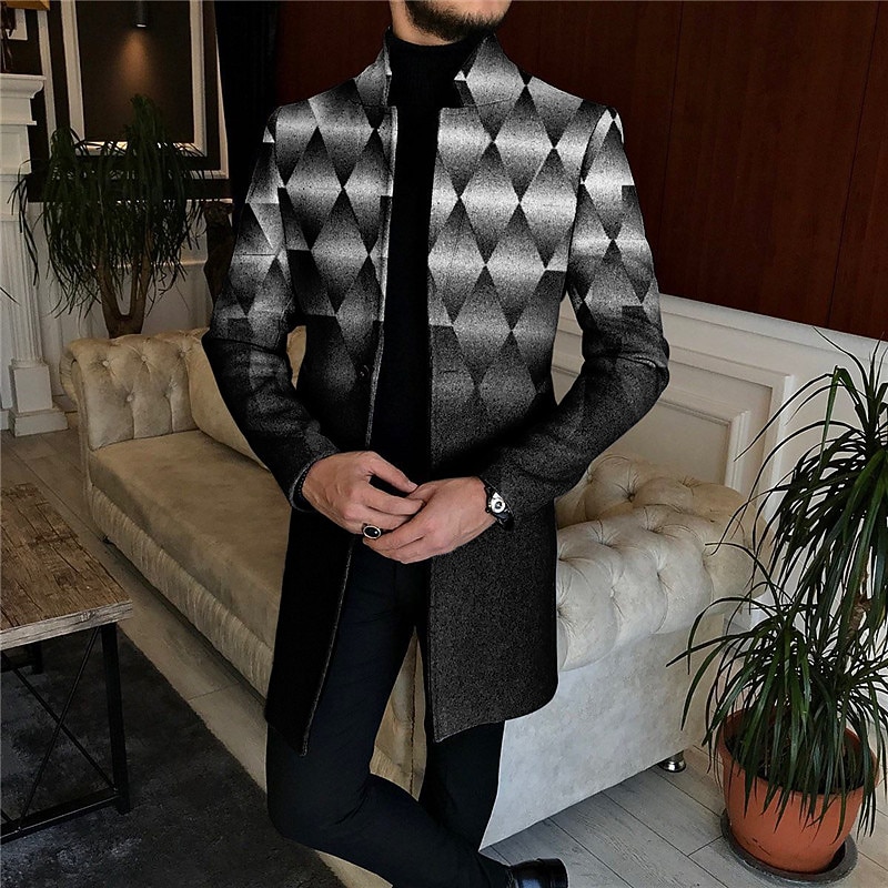 Men's Color Block Geometry Gradual Winter Coat Overcoat Coat Warm Comfortable Breathable Fashion Streetwear Business Work Wear to work Going out Pocket Print Fall & Winter Turndown Long Sleeve Navy3