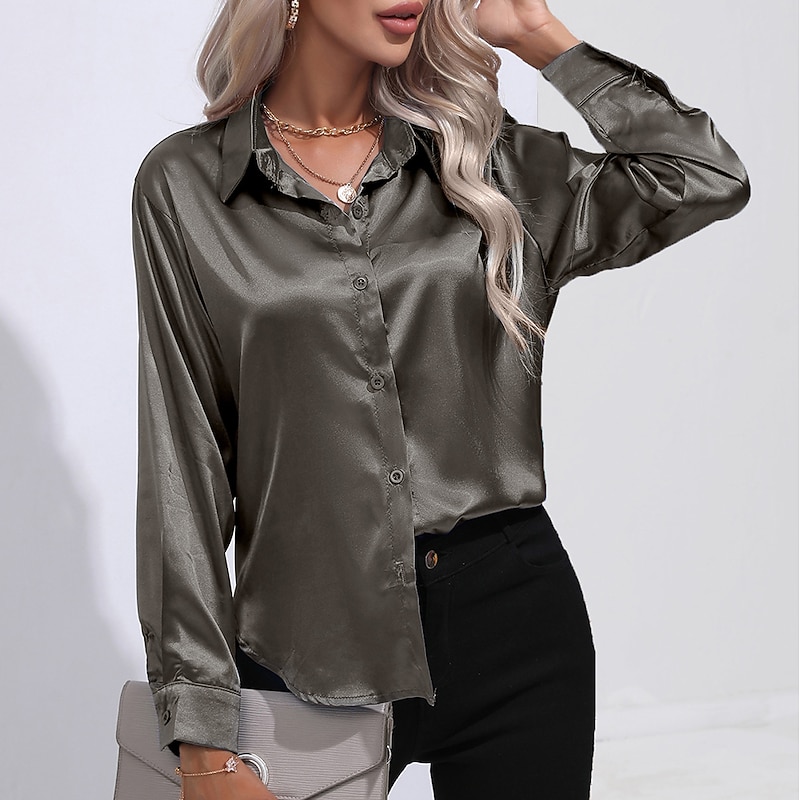 Women's Satin Elegant Dressy Shirt Blouse Women's White Blue Brown Solid Color Button Daily Daily Basic Neon & Bright Shirt Collar Regular Fit M / M