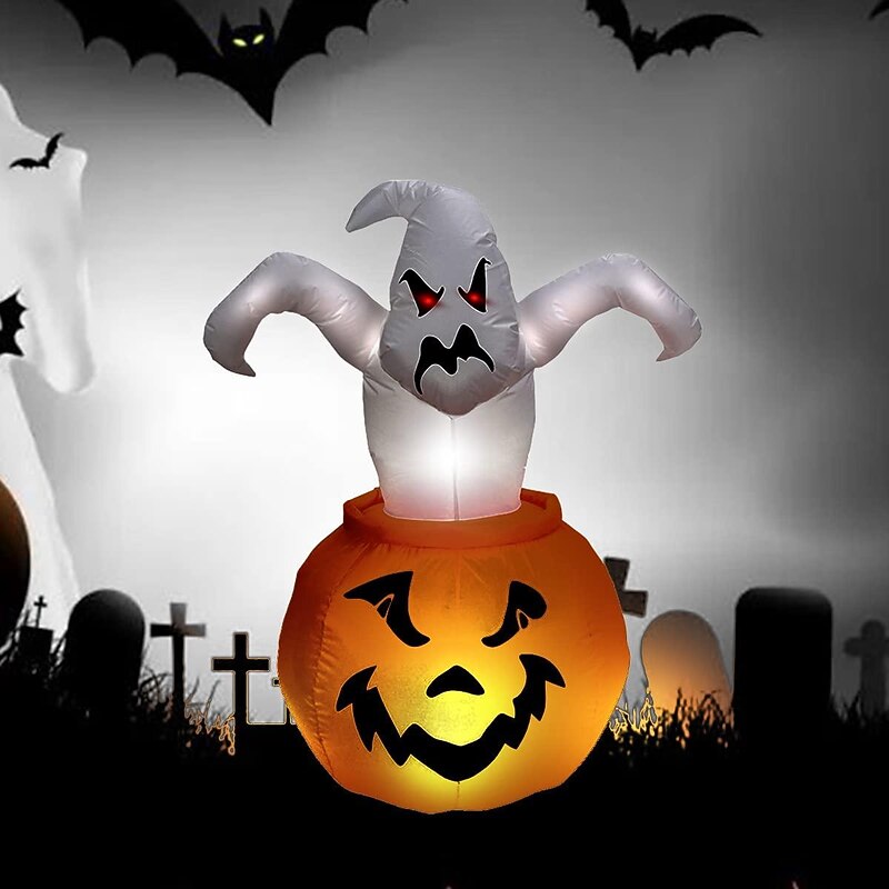 6 Ft Halloween Inflatable Ghost Pumpkin with LED Light, for Outdoor Indoor Garden Yard Lawn Blow Up Halloween Decorations, Holiday Party Decor
