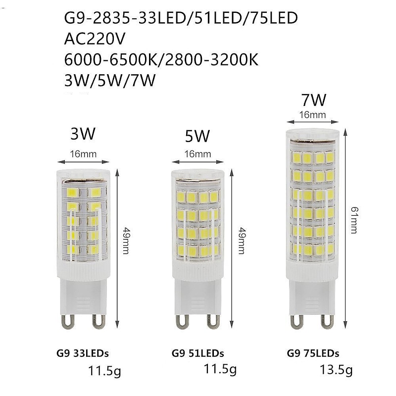 10pcs Brightest G9 G4 E14 LED Lamp AC220V 3W 5W 7W Ceramic SMD2835 LED Bulb Warm Cool White Spotlight Replace Halogen Light2