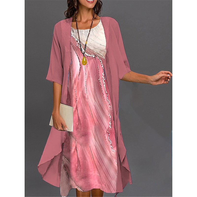 Women's Graduation Dress Midi Dress Two Piece Dress Set Dress Set Casual Dress Print Dress Elegant Fashion Floral Print 3/4 Length Sleeve Crew Neck Outdoor Daily Black White Pink Summer Spring4
