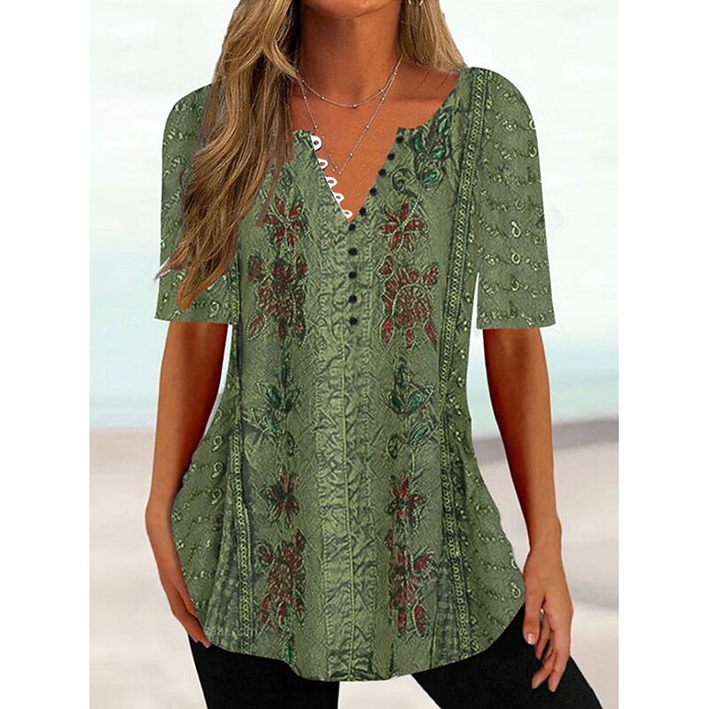 Women's T Shirt Henley Shirt Floral Tunic Basic Short Sleeve Round Neck Regular Tops Holiday Weekend Buttons Print White Yellow Light Green Blue Green2