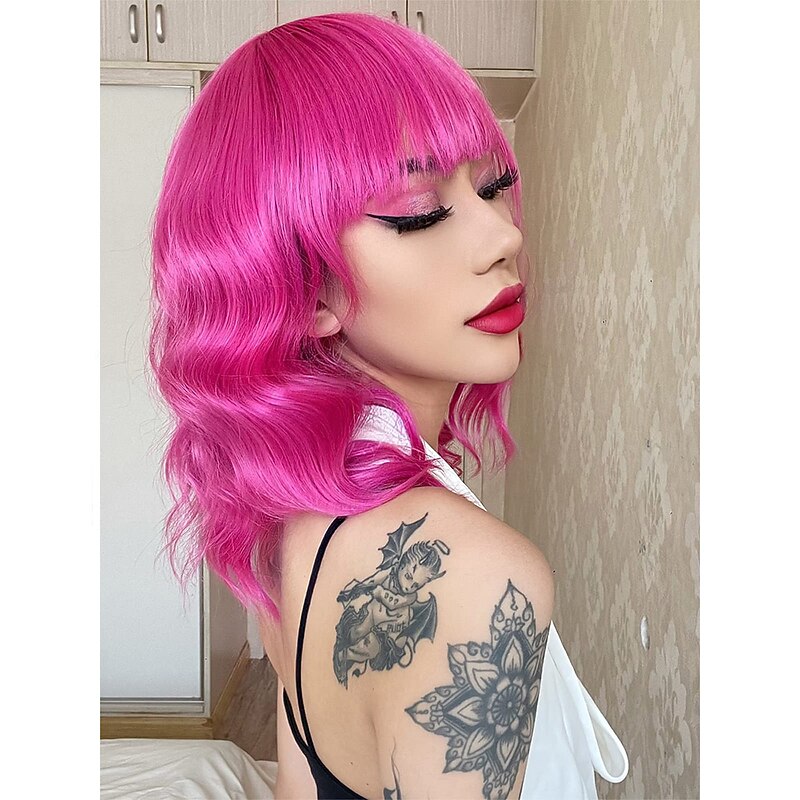 Hot Pink Wig with Bangs Short Bob Wavy Curly Wig Shoulder Length Hot Pink Wigs for Women Synthetic Hair Colorful Wig for Halloween Costume Cosplay 14 Inch3