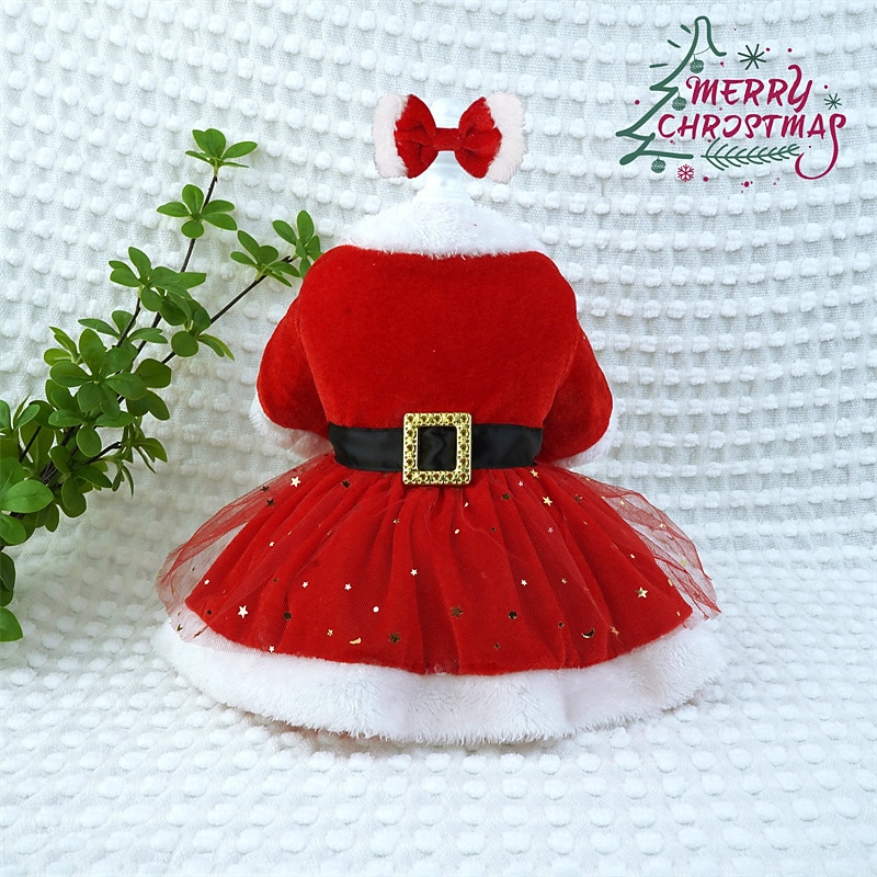 Christmas pet dog dress Holiday dress bow Red Christmas canary gauze dress3