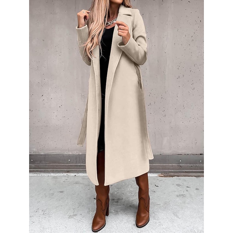 Women's Winter Coat Long Overcoat with Belt Fall Lapel Pea Coat with Pockets Trench Coat Fashion Street Wear Formal Jacket Long Sleeve  Black White Yellow