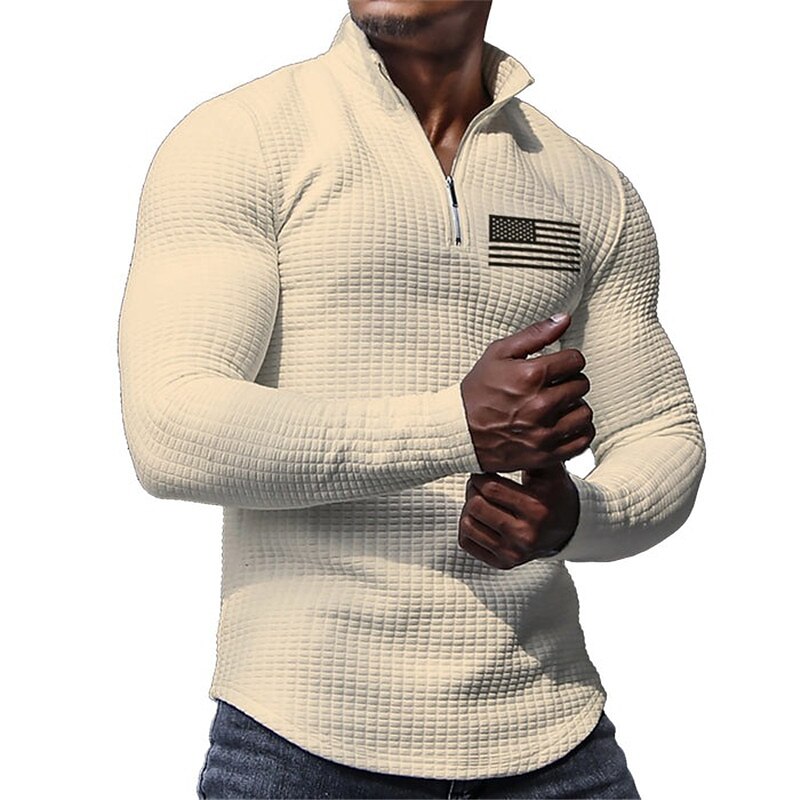 Men's Veterans Patriotic Waffle Polo Shirts Golf Polos Shirts Long Sleeve Polo Shirts Turndown Zip Business Outdoor Casual Daily Streetwear 3D Print Fall & Winter Black White Khaki4