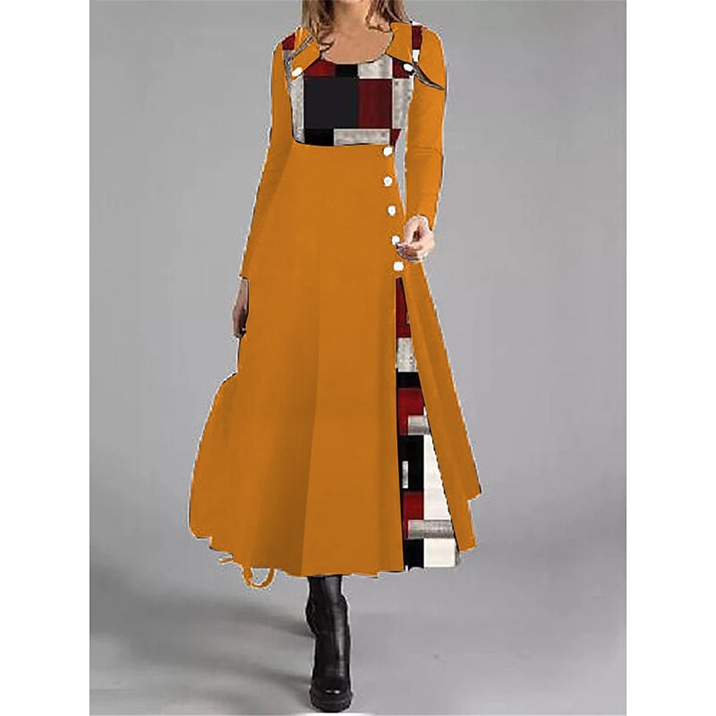 Women's Causal Dress A-Line Dress Geometric Patchwork Button Long Sleeve Round Neck Black Red Work Fall Winter Soft Comfortable Regular4