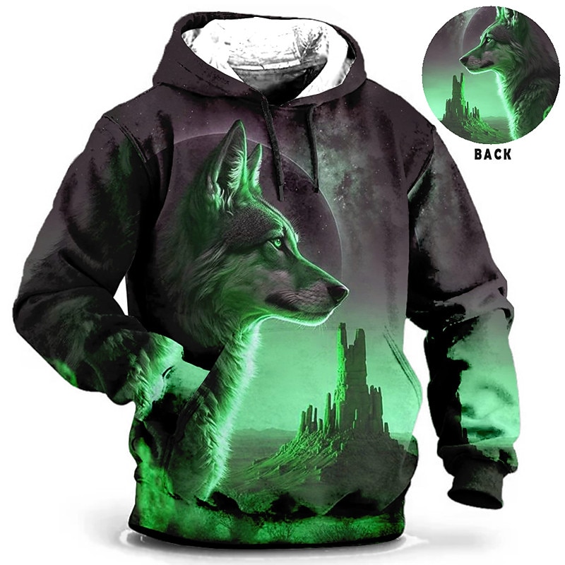 Men's Animal Wolf Graphic Prints Hoodie Hoodies Sweatshirt Daily Classic Long Sleeve Hooded Holiday Going out Streetwear Blue Brown Print Spring &  Fall Designer3