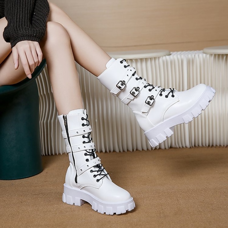 Women's White Combat Boots - Stylish Chunky Platform Lace-Up Boots with Buckle Straps and Side Zipper