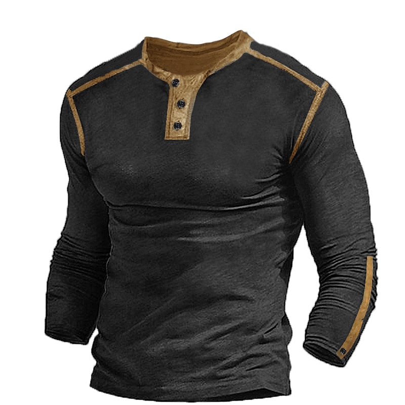 Men's Button T Shirt T Shirt Tee Top Long Sleeve Hooded Spring &  Fall Color Block Fashion Designer Basic Vacation Street Going out Black Navy Blue Brown Top Tee for Men2