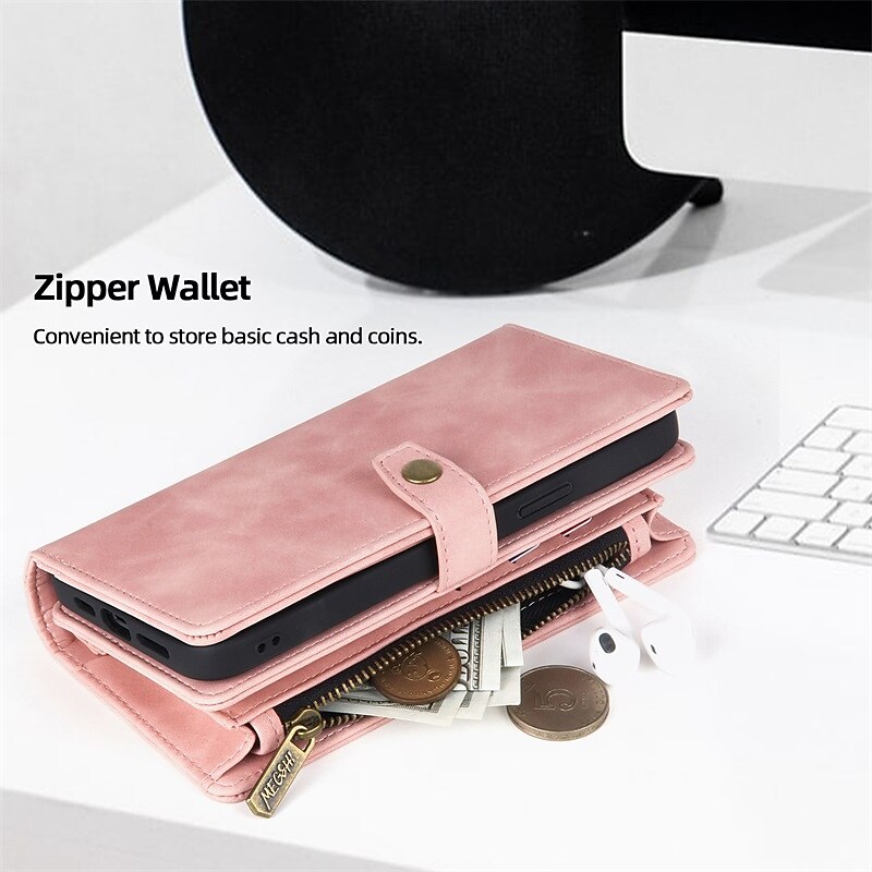 Phone Case For iPhone 15 14 Pro Max Plus 13 12 11 Pro Max Wallet Case with Stand Holder Magnetic Zipper Solid Color PU Leather4