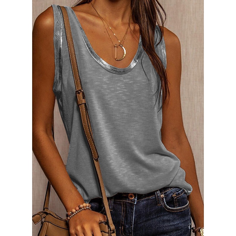 Women's Camisole Tank Top Plain Fashion Sleeveless U Neck Regular Tops Valentine's Day Casual Silver Pink Beige Summer2