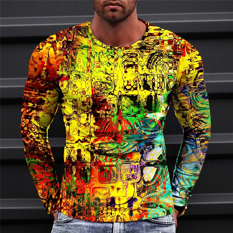 Men's Abstract T Shirt Graphic Tee Long Sleeve T shirt 3D Print Crew Neck Shirt Designer Casual Outdoor Vacation Daily Yellow Red Blue Spring &  Fall Clothing Apparel S M L XL 2XL 3XL 4XL