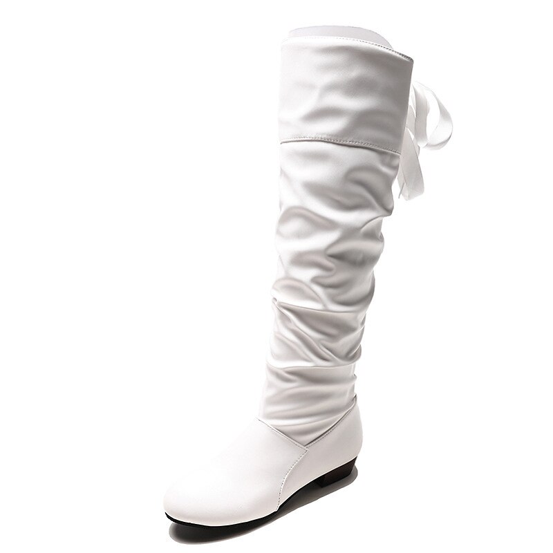 Women's White Slouch Knee-High Boots - Soft Faux Leather with Low Heel, Perfect for Casual Outings or Pairing with Dresses for a Chic Look3