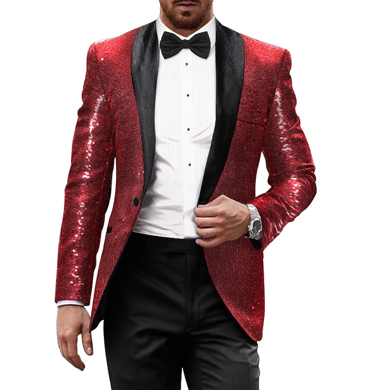 Men's Blazer Jacket Tuxedo Shawl Collar Party Sparkle Casual Pattern Black Silver Burgundy Tailored Fit Single Breasted One-button