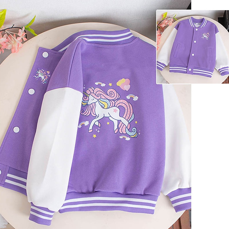 Kids Girls' Baseball Jacket Unicorn Active Buttons School Cotton Coat Outerwear 3-12 Years Fall Black Pink Blue