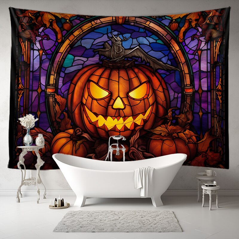 Halloween Decorations Tapestry Jack O Lantern Pumpkin Decor Wall Art Large Hanging Tapestry Mural Decor Photograph Backdrop Blanket Curtain Home Bedroom Living Room Stained Glass Bat4
