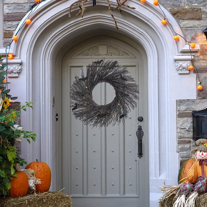 Halloween Wreath with Lights, Lighted Garland, Halloween Wreaths for Front Door,Black Bat for Front Door Outdoor Decorations Spooky Glitter Home Party Props Decor4
